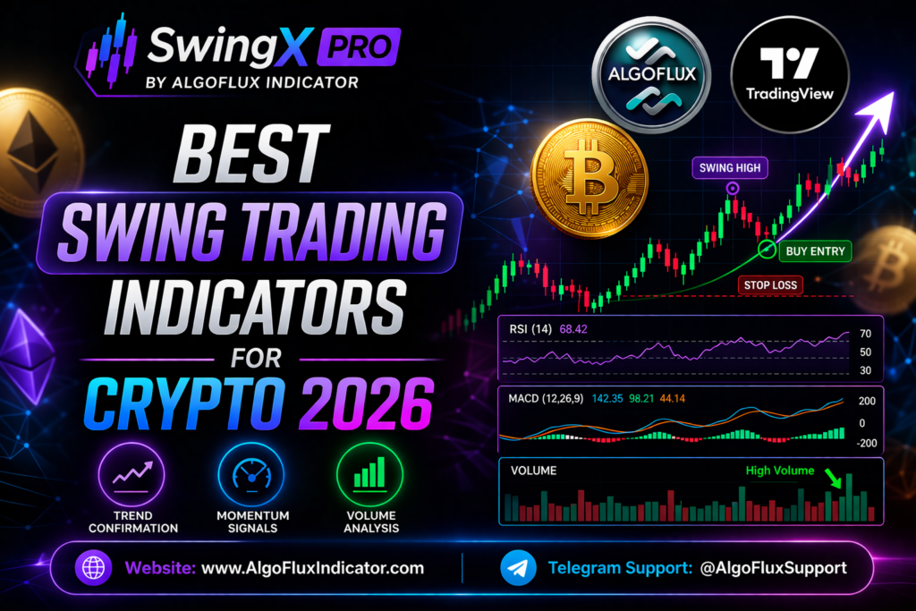 Best swing trading indicators for crypto 2026 using SwingX Pro by AlgoFlux with RSI, MACD, volume analysis and TradingView charts